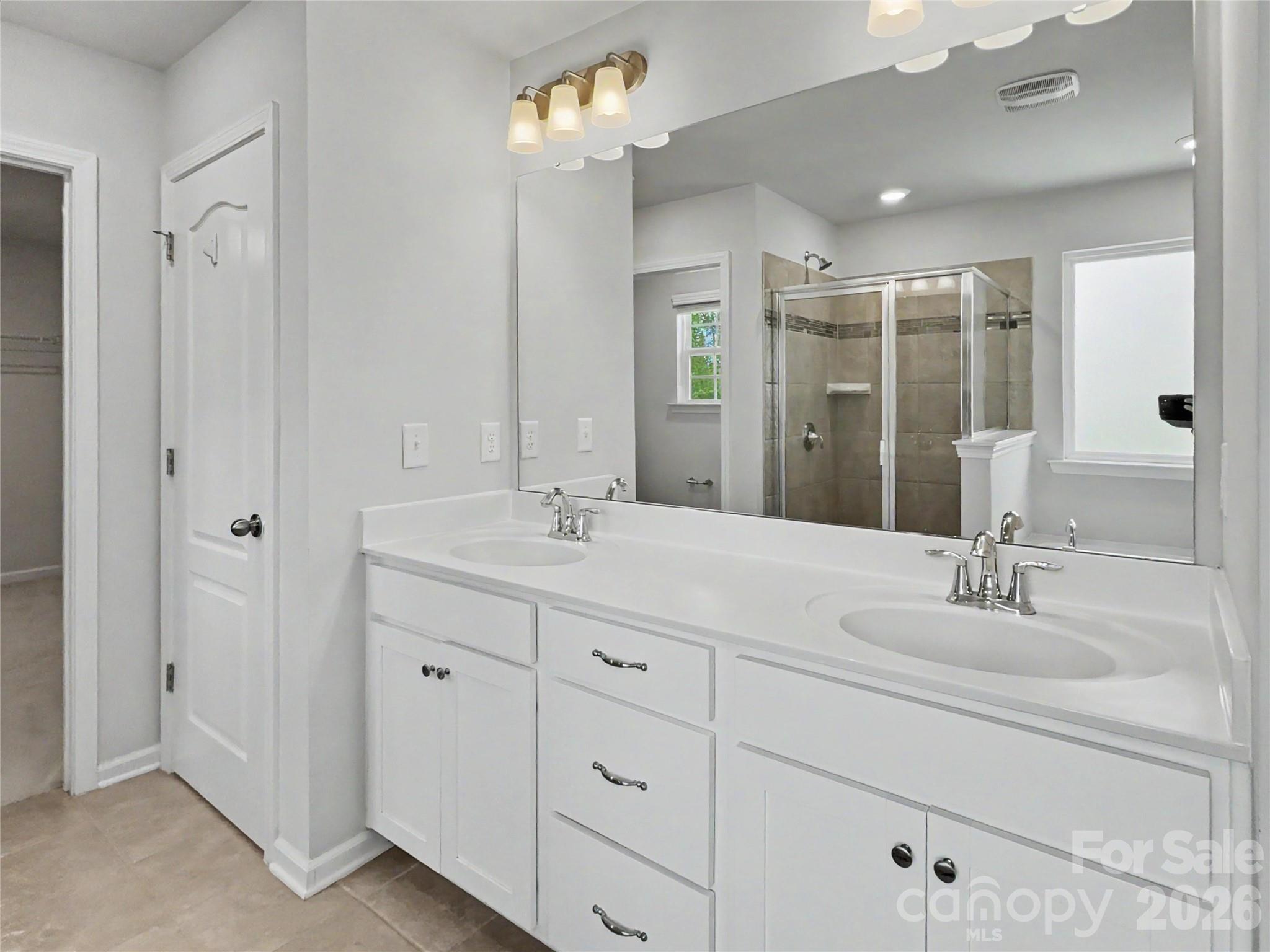 16835 Cozy Cove Road Charlotte, NC 28278 - Photo 18 of 32 a bathroom with double vanity sink and a mirror