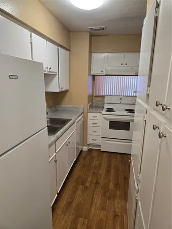 a kitchen with a sink a stove and cabinets