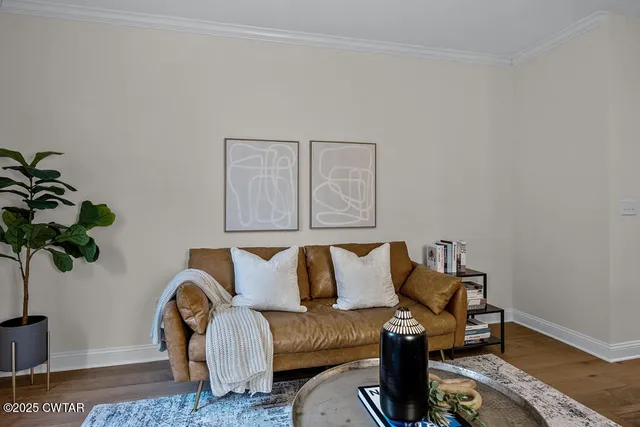 a living room with furniture and a potted plant