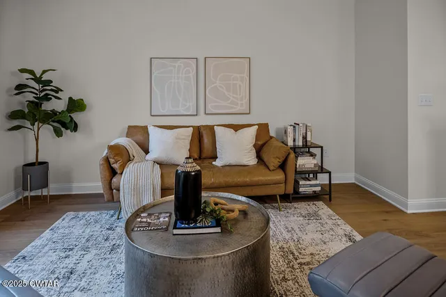 a living room with furniture and a potted plant