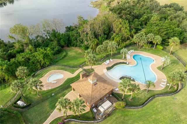 an aerial view of a swimming pool