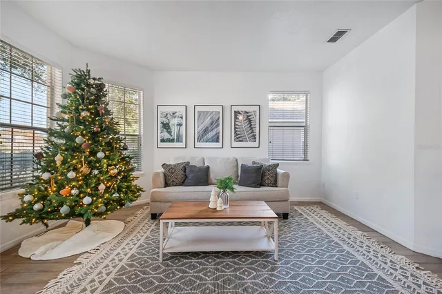 a living room with furniture and a potted plant