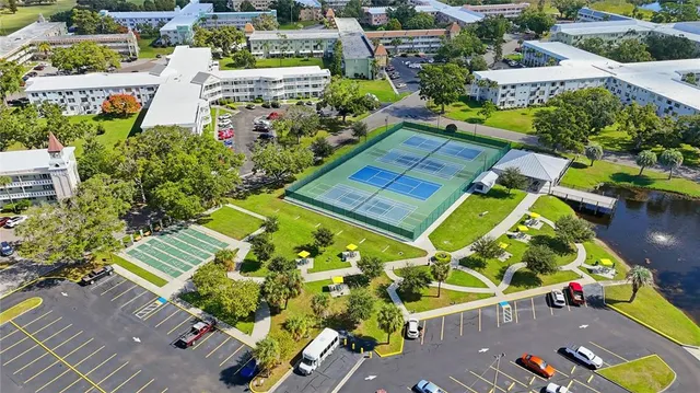 an aerial view of a pool
