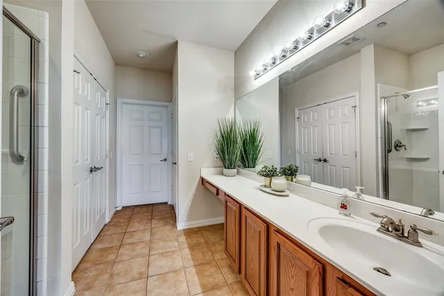 a bathroom with a glass shower door