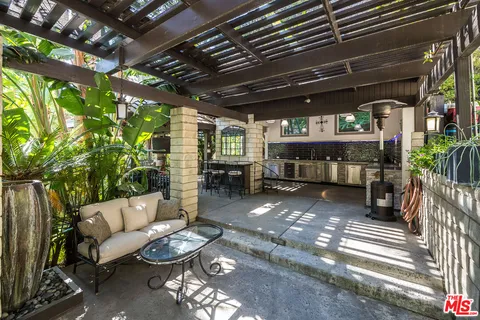 a view of a yard with plants and large trees