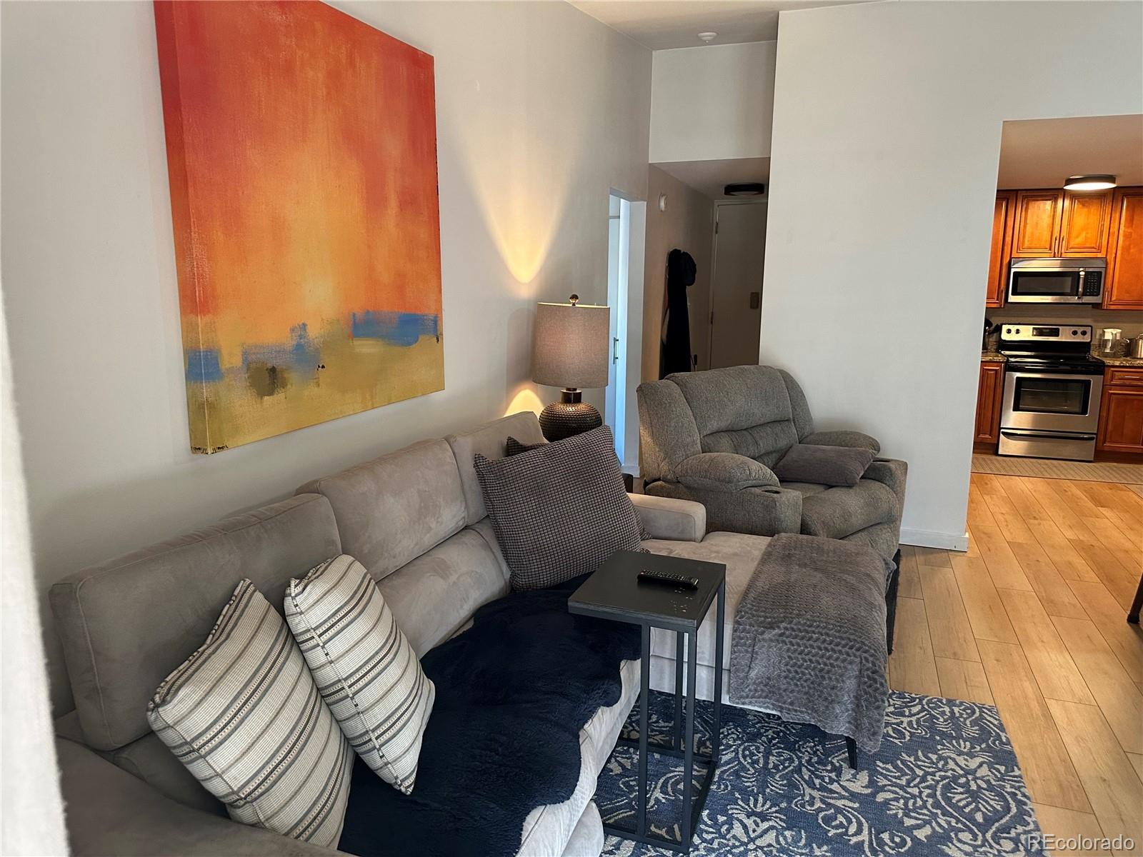 615 South Clinton Street, Unit 9B Denver, CO 80247 - Photo 7 of 24 a living room with furniture and a flat screen tv