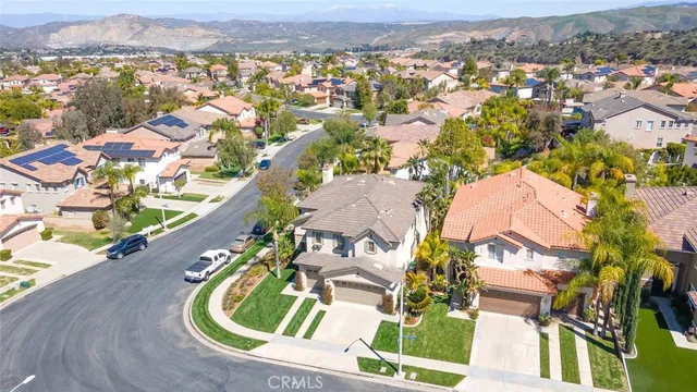 a aerial view of a house with a yard and potted plants