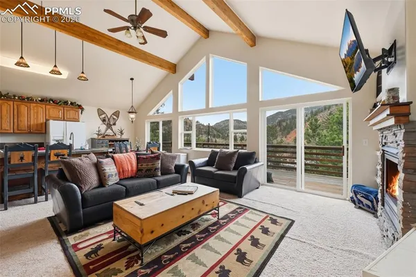 a living room with furniture a flat screen tv and a fireplace