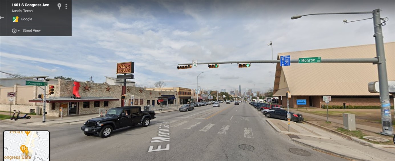 406 East Monroe Street, Unit B Austin, TX 78704 - Photo 33 of 35 View of intersection of Monroe and Congress going North on Congress... you would turn right at this light if heading North on Congress from South Austin - Allen's Boot Center on your left
