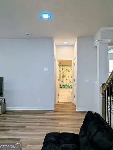 a view of a room with racks on the wall