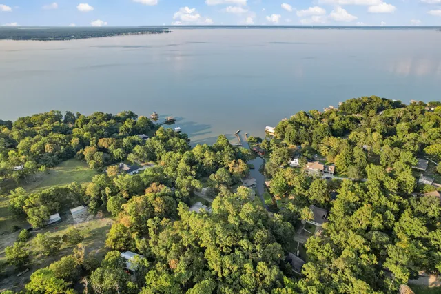 an aerial view of residential houses with outdoor space and lake view