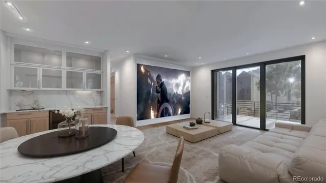 a living room with furniture and a floor to ceiling window