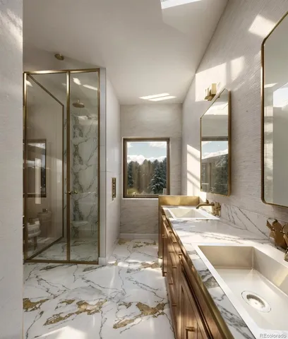 a bathroom with a granite countertop sink mirror and shower