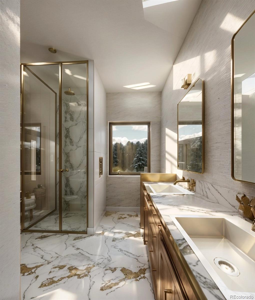 799 Clear Creek Road Evergreen, CO 80439 - Photo 16 of 26 a bathroom with a granite countertop sink mirror and shower