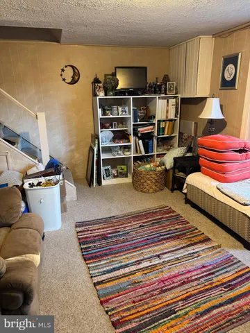 a living room with furniture and a book shelf