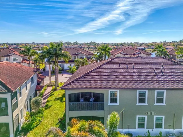 an aerial view of residential houses with outdoor space and lake view