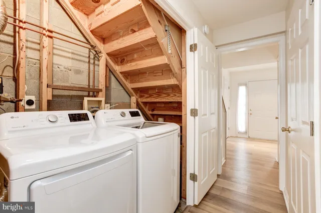 a view of washer and dryer with wooden floor