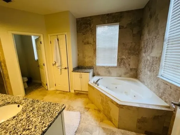 a bathroom with a tub a sink and a large mirror of the bathroom