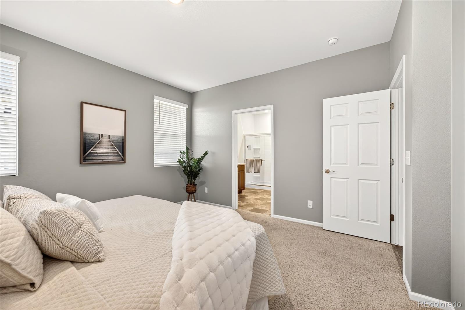 22603 East Radcliff Drive Aurora, CO 80015 - Photo 17 of 42 a bedroom with a large bed and potted plant