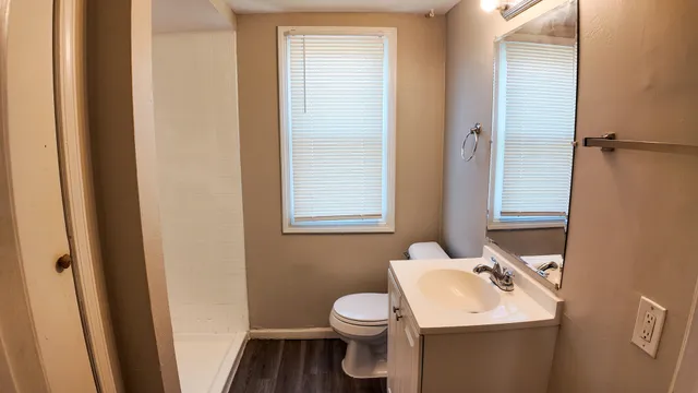 a bathroom with a sink a toilet and a mirror