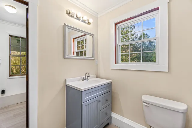 a bathroom with a toilet a sink and a mirror