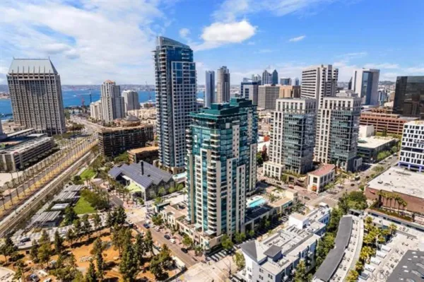 a view of a city with tall buildings