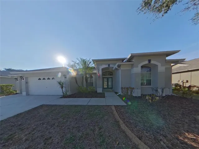 a view of a house with a yard and potted plants