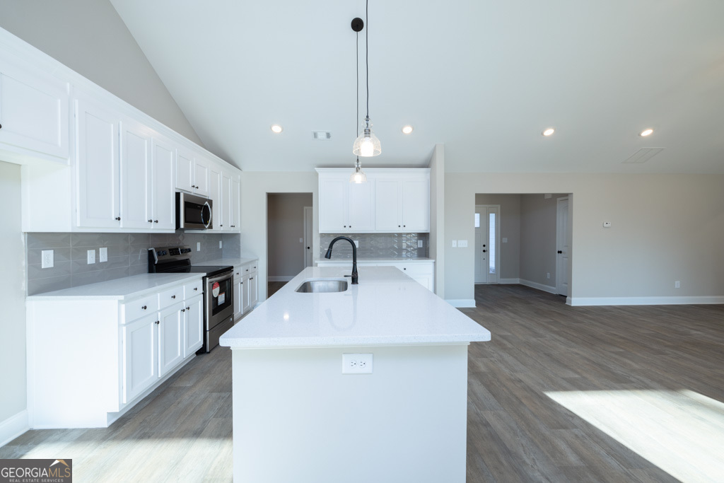 300 Grady Brock Road, Unit 20 Martin, GA 30557 - Photo 9 of 26 a kitchen with stainless steel appliances a sink dishwasher a stove a refrigerator and white cabinets with wooden floor