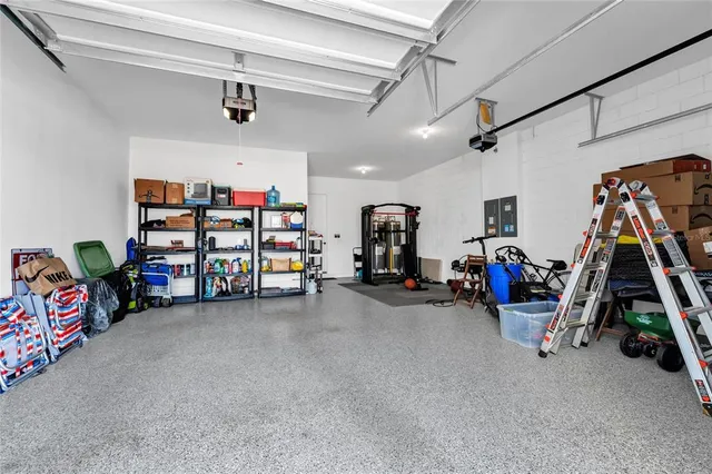 a view of a garage with storage