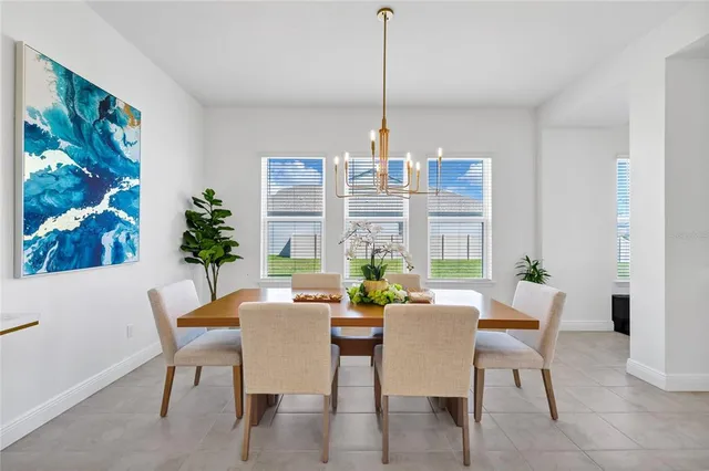 a view of a dining room with furniture window and outside view
