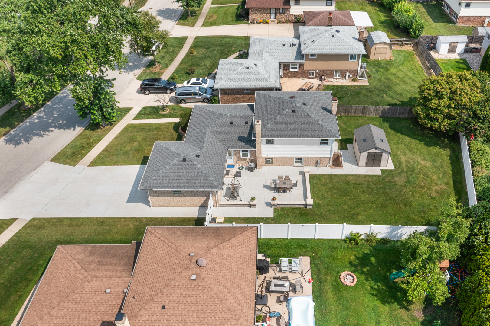 an aerial view of a house with a garden