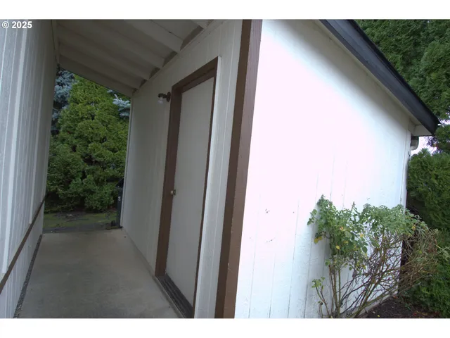 a view of a yard from a hallway