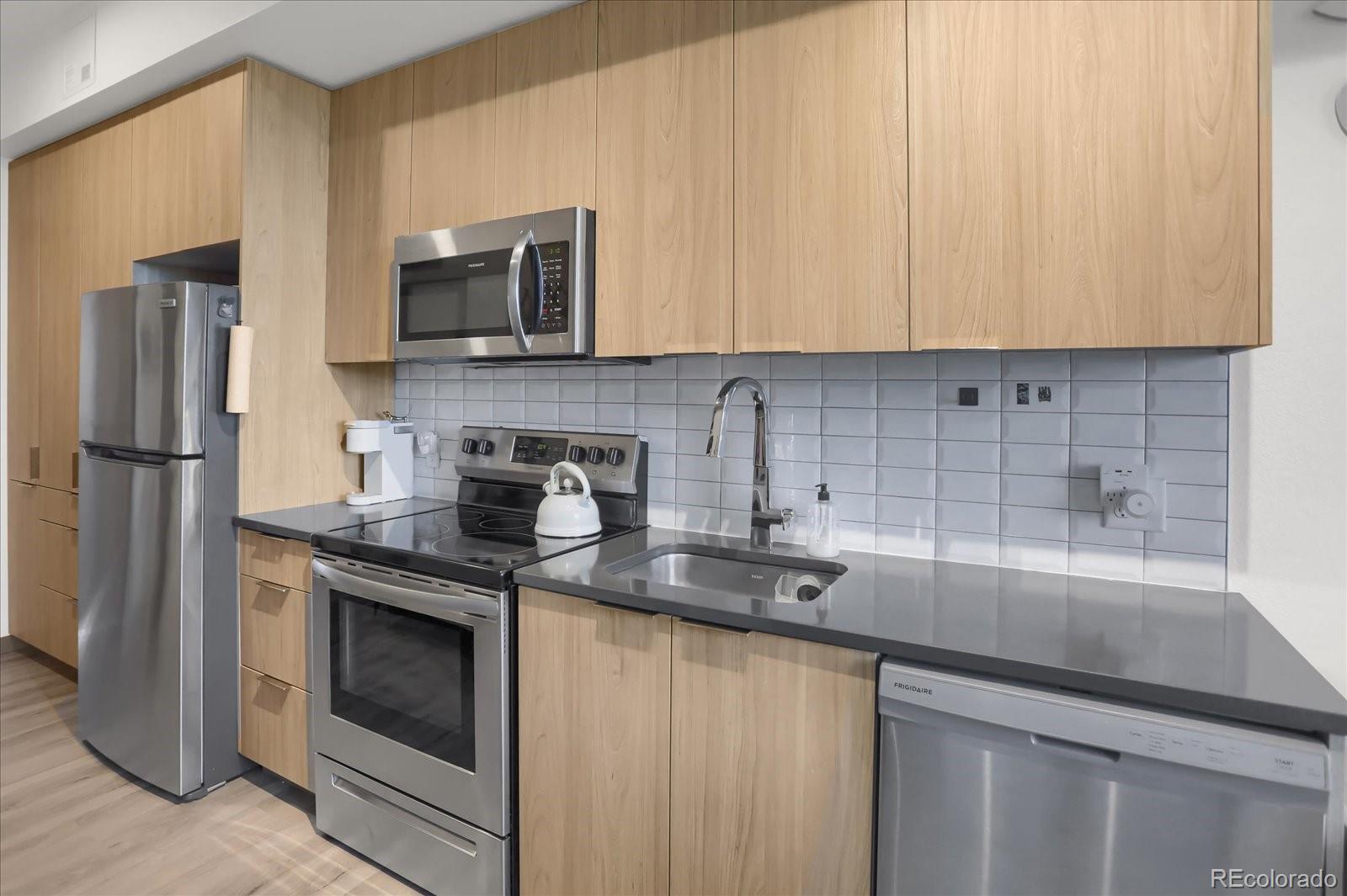 603 Inca Street, Unit 423 Denver, CO 80204 - Photo 9 of 20 a kitchen with stainless steel appliances granite countertop white cabinets a refrigerator and a sink