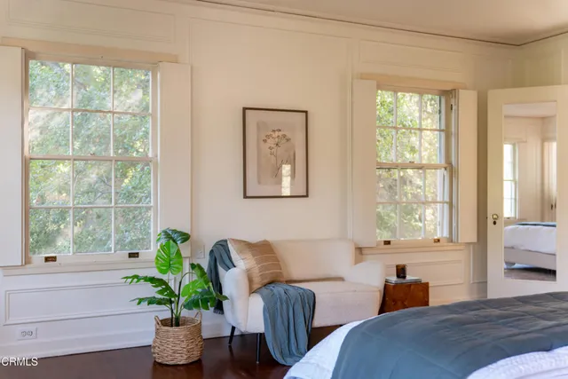 a living room with furniture potted plant and windows