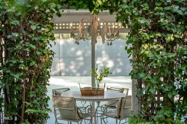 a dining table with chairs and a potted plant