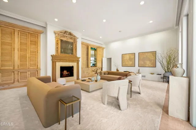 a living room with furniture potted plant and a fireplace