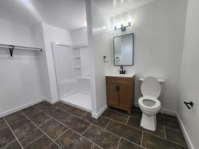 a bathroom with a sink a toilet and mirror