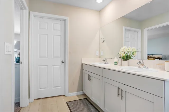 a bathroom with a sink and a mirror