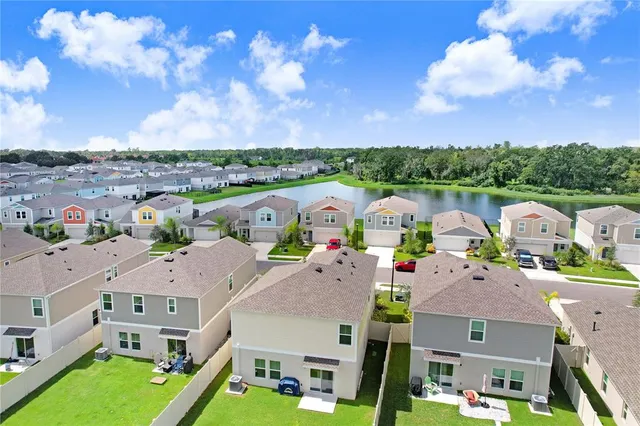an aerial view of houses with yard