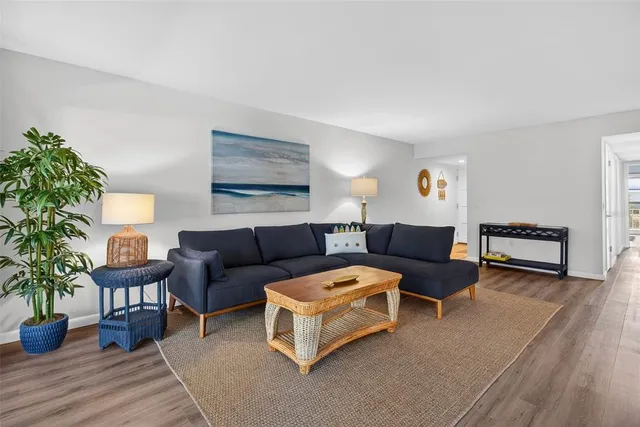 a living room with furniture and a potted plant