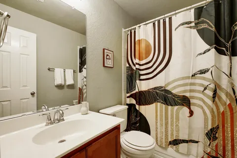 a bathroom with a sink a toilet mirror and vanity