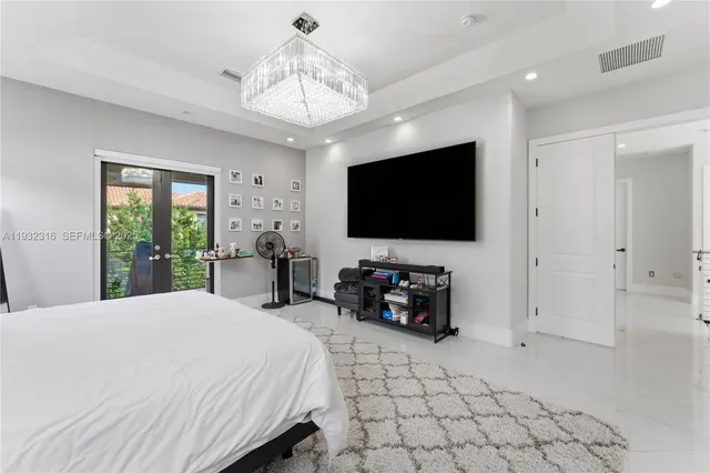 a bedroom with a bed and a flat screen tv