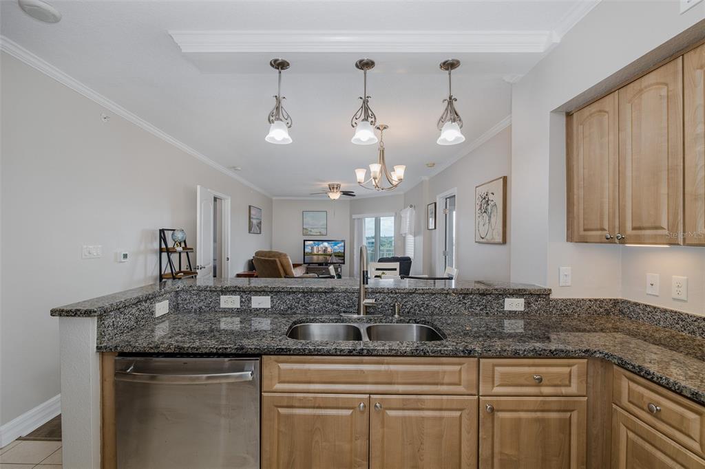 4516 Seagull Drive, Unit 411 New Port Richey, FL 34652 - Photo 14 of 47 a kitchen with kitchen island granite countertop a sink cabinets and stainless steel appliances