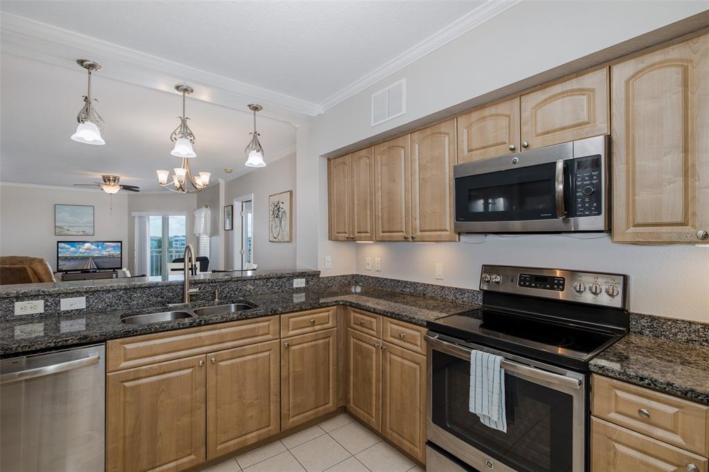 4516 Seagull Drive, Unit 411 New Port Richey, FL 34652 - Photo 2 of 47 a kitchen with stainless steel appliances granite countertop a sink a stove oven and white cabinets with granite countertops