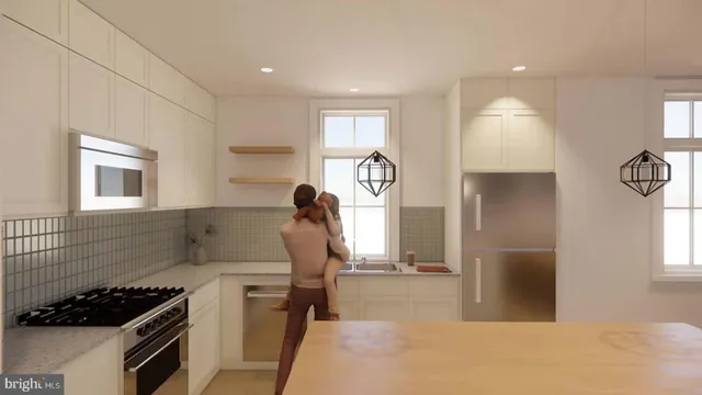 a kitchen with a refrigerator and a stove