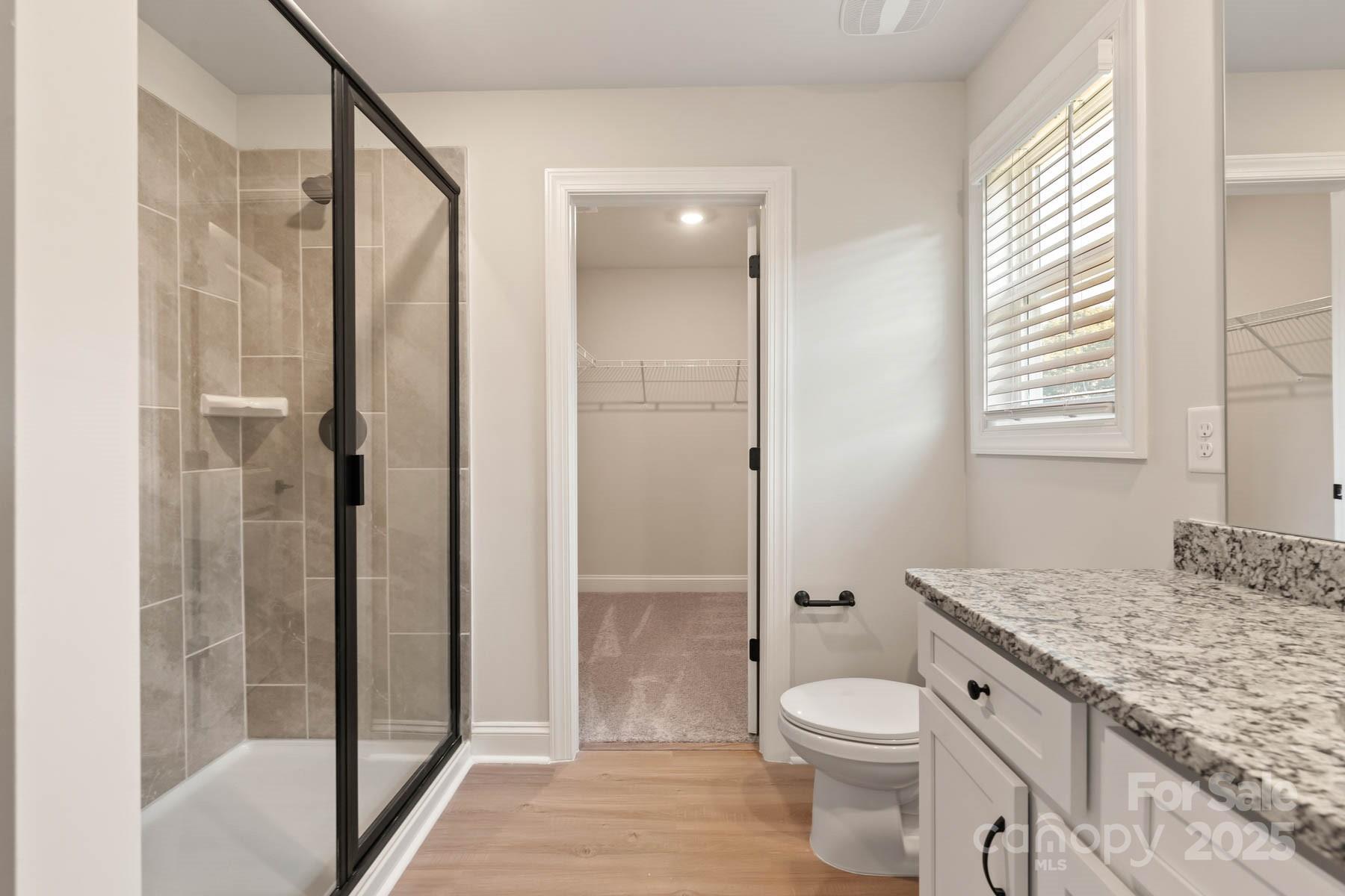 280 Limestone Terrace Mills River, NC 28759 - Photo 14 of 22 a bathroom with a granite countertop toilet a sink and a shower