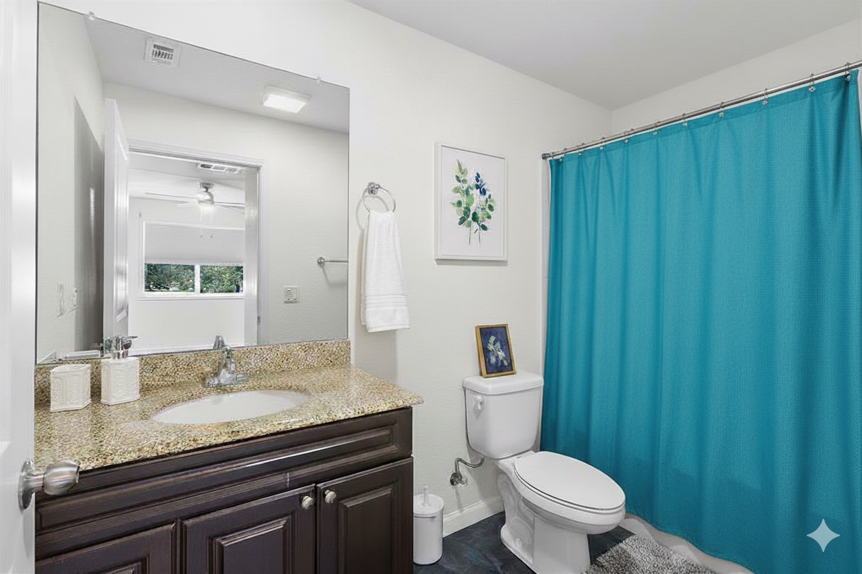 Undisclosed Address Austin, TX 78747 - Photo 9 of 28 a bathroom with a granite countertop toilet a sink and a mirror