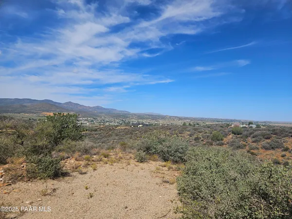 a view of a dry yard with mountains in the background
