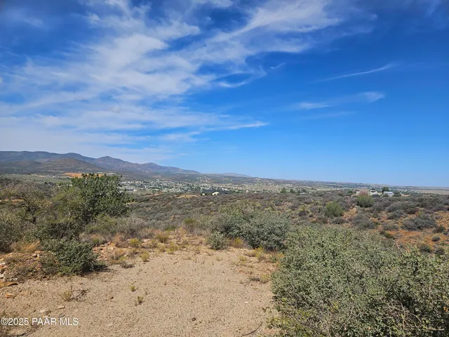 a view of a dry yard with mountains in the background