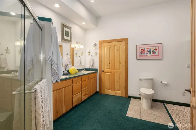 a bathroom with a sink a toilet and shower